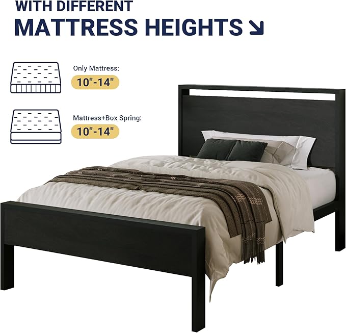 Allewie Twin Size Platform Bed Frame with Wooden Headboard and Footboard, Heavy Duty Metal Slats Support, No Box Spring Needed, Under-Bed Storage, Noise Free, Easy Assembly, Black Oak