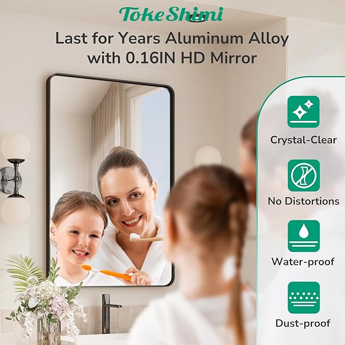 TokeShimi Black Bathroom Mirror 22x30,HD Tempered Glass,Matte Black Bathroom Vanity Mirror for Over Sink,Seamless Aluminum Framed Mirror Wall(Horizontal/Vertical)
