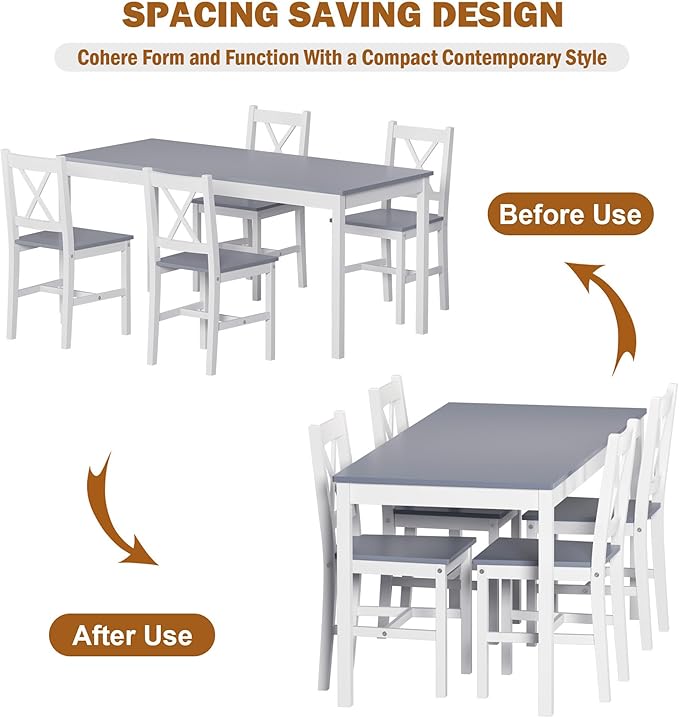 SogesPower Dining Table Set for 4, 5-Piece Wood Kitchen Dining Table Set with 4 Chairs for Kitchen Dining Room Restaurant Small Space, 47" Grey&White