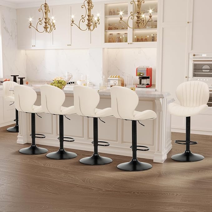 COLAMY Bar Stools Set of 6, Modern Swivel Bar Chairs, Adjustable Faux Leather Upholstered Barstools Counter Height with High Backrest for Bar, Kitchen Island, Dining Room, Beige