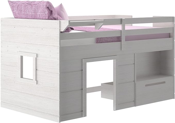 Max & Lily Loft Bed Twin Size, Solid Wood Low Loft Bed with Storage Drawer and Ladder, Modern Farmhouse Loft Bed for Kids, White Wash