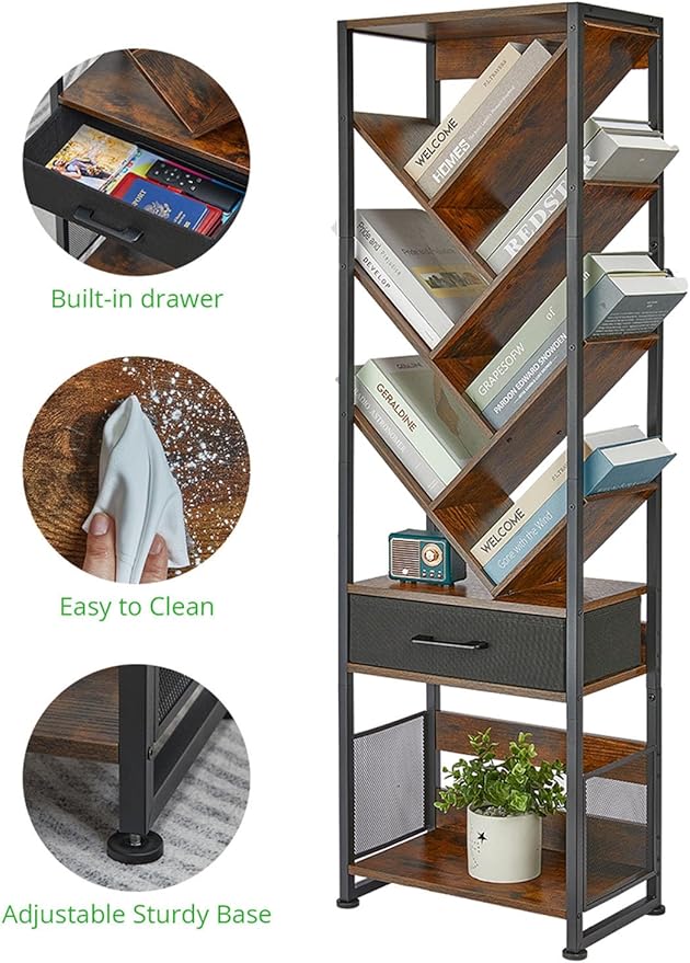 Bookshelf with Drawer,10 Tier Tree Bookcase Retro Floor Standing Bookshelves,Tall Wood Bookcases with Cabinet Storage Organizer for Living Room, Bedroom & Home Office, Classic