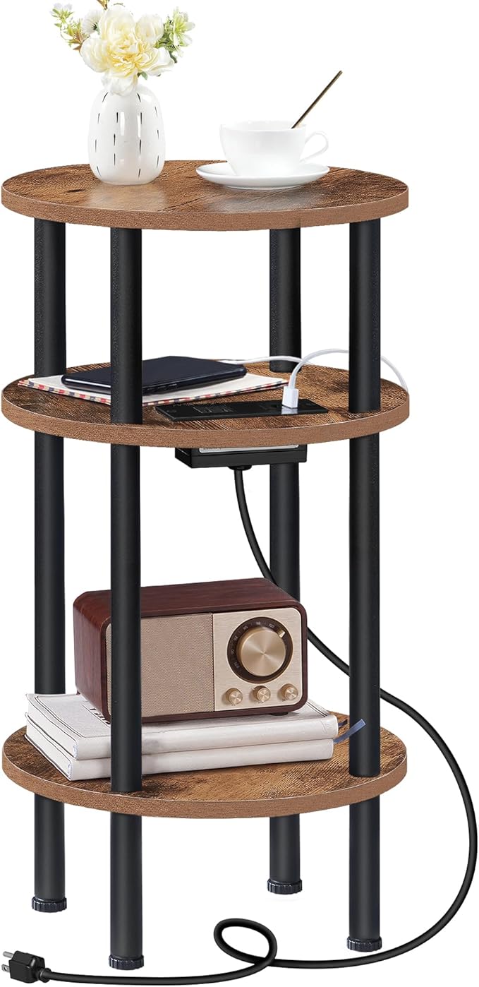 Round Side Table with Charging Station, Small Round End Table, 3-Tier Sofa Side Tables for Small Spaces, Nightstand for Living Room, Bedroom, Rustic Brown and Black TBZ06UBF