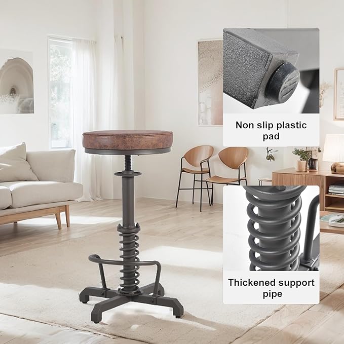 American Antique Steampunk Bar Stool 24.41"-28.35" Vintage Industrial Adjustable Swivel Backless Counter Stool for Home, Dining, Breakfast, Pub, (Heavy Duty Metal & Faux Leather, Brown & Maroon Top)