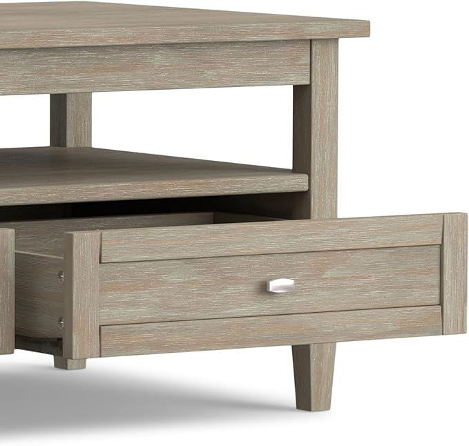 SIMPLIHOME Warm Shaker Coffee Table - 48 inch Wide Solid Wood Cocktail Table in Distressed Grey, Transitional Living Room Table with 2 Storage Drawers and Open Shelf for Sitting Area or Lounge