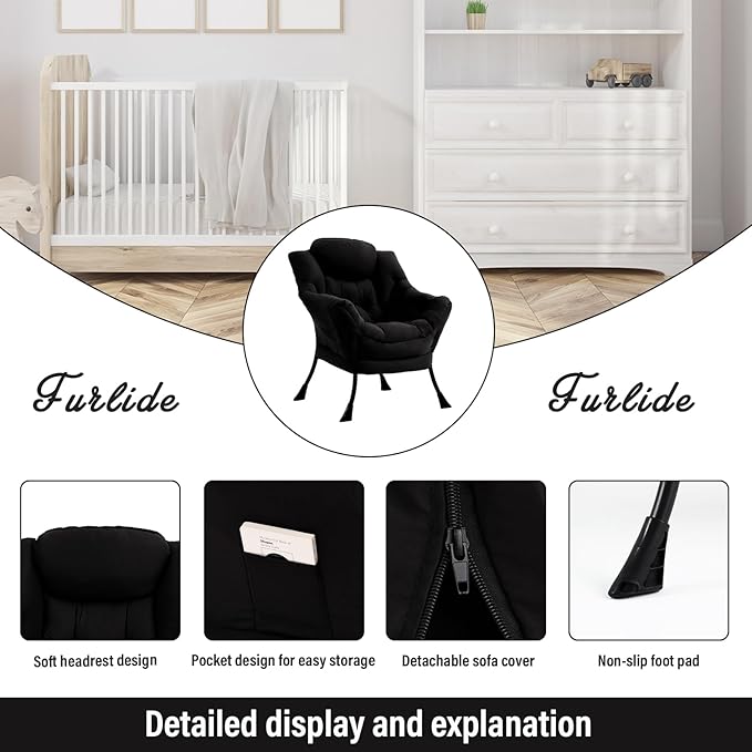 Lazy Chair for Living Room, Modern Accent Chairs with Armrests, Comfy Lounge Chair with Side Pocket, Cozy Lazy Sofa for Reading, Balcony, Bedroom, Dorm, Small Spaces (Black)