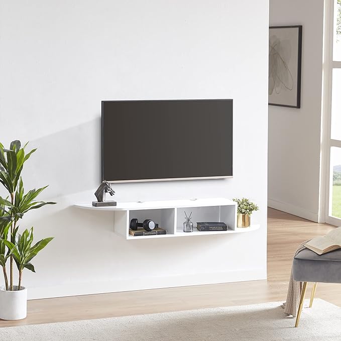 GHC Floating TV Stand, Wall Mounted Entertainment Center and Cabinet Shelf, TV Console with Storage, Media Console for DVD Player, Space-Saving Under TV Shelf for Bedroom, Living Room (White)