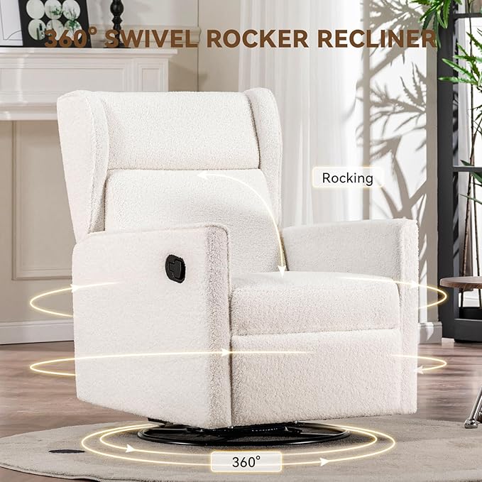 COMHOMA Nursery Rocking Chair Teddy Upholstered Swivel Rocker Recliner Manual Glider Reclining Chair for Living Room Bedroom Offices (Beige, 1 PCS)