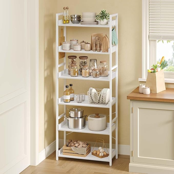 Rolanstar Bookshelf 6 Tier with 4 Hooks, Industrial Bookcase, Vintage Storage Rack with Open Shelves, Rustic Standing Bookshelves Metal Frame Display Rack for Living Room, Bedroom, White