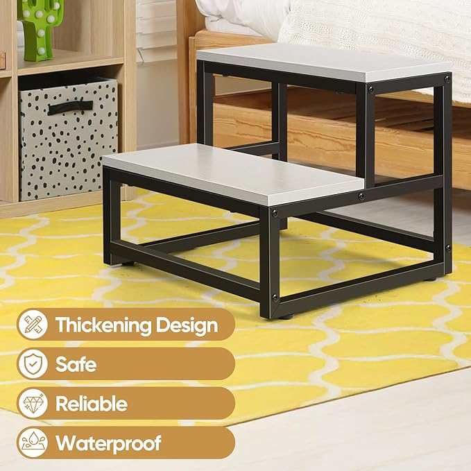 Wood and Metal 2 Step Stool for Adults & Kids – Heavy Duty Rustic Step Stools, 500 Lbs Capacity Non-Slip Stepping Stool for High Beds, Kitchen, Bathroom, Closet, Durable Foot Stool for Home Use,White