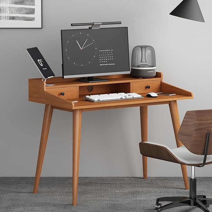 Mid Century Modern Desk, 41" Wood Home Office Writing Computer or Laptop Desk with Monitor Stand Riser and Open Storage Cubby, Vanity Desk with 2 Drawers