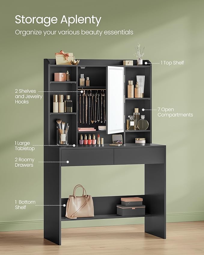 VASAGLE Vanity Desk with Mirror and Lights, Makeup Vanity with Upholstered Vanity Stool, Dimmable LED Lights, Adjustable Shelves, 7 Compartments, 2 Drawers, for Bedroom, Ink Black URDT131B01