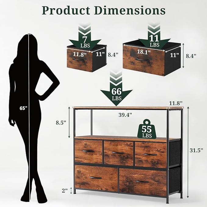 TV Stand, 5 Fabric Drawers Dresser Entertainment Center for TV up to 45 inch Wooden Media Console Table Storage Organizer with Open Shelf, for Living Room, Bedroom, or Small Space, Brown