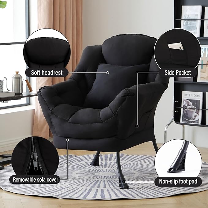 Lazy Chair with Pillow for Living Room, Modern Lounge Accent Chair with Armrests, Leisure Sofa Chair Set, Reading Chair for, Bedroom, Dorm Room, Office, Black