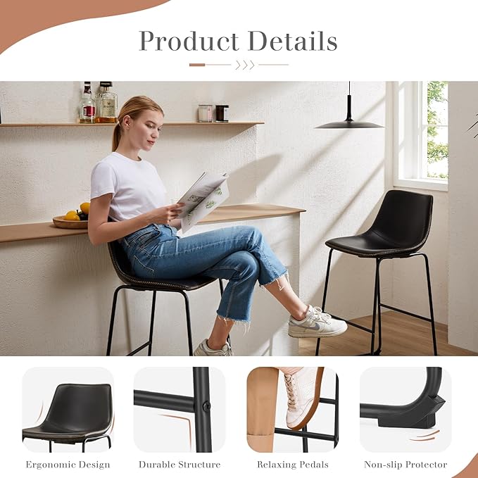 DUMOS 26 Inch Counter Height Bar Stools Set of 2, Modern Faux Leather High Barstools with Back and Metal Leg, Bar Chairs for Kitchen lsland, Elegant Black