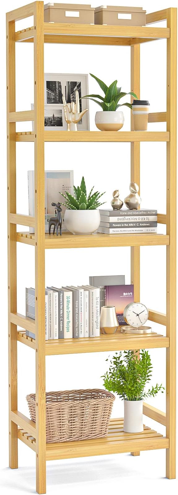 Homykic Bamboo Bookshelf, 5-Tier Narrow 55.9” Adjustable Book Shelf Bookcase Bathroom Shelves Freestanding Storage Stand for Living Room, Bedroom, Kitchen, Rust Resistance, Easy Assembly, Natural