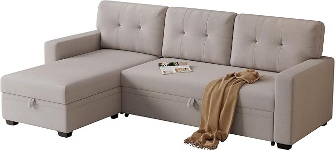 Ball & Cast Convertible Sectional Sleeper Sofa Bed L Shaped 4 in 1 Pull Out Couch with Reversible Storage Chaise & Removable Back Cushions,Sleeper Corner Pull Out Sofa Bed Couch for Living Room,Office