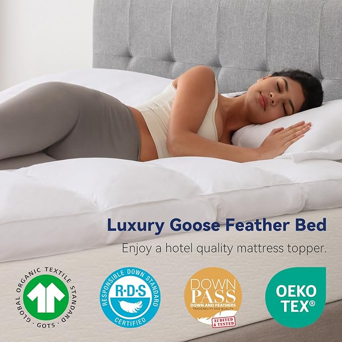 3 Inch White Goose Feather Mattress Topper,Queen Feather Bed Topper,Mattress Cover with Straps,Ultra Soft Pillowtop,100% Organic Cotton Fabric(60”x80”)