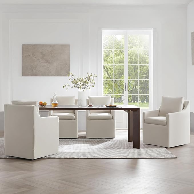 Upholstered Dining Chairs with Casters Washable Cover Side Deskchair with Rollers for Diningroom, Living Room, Flax Beige, 2 Box