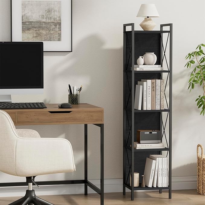 Homhedy 5 Tier Bookshelf Bookcase, Tall Narrow Bookshelf for Small Space, Metal Storage Shelves with Back Panel, for Home Office, Living Room, Kitchen, Bedroom, Industrial Style, Black