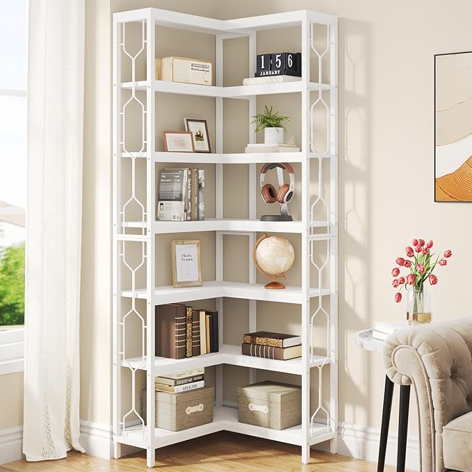 Tribesigns Corner Shelf, 7-Tier Industrial Corner Bookshelf, Wood and Metal Corner Etagere Bookcase, Freestanding Display Shelf for Living Room, Kitchen, Home Office, White