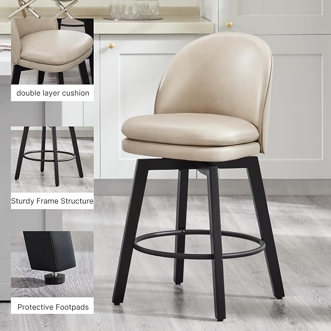 Counter Height Barstools 26 inch Upholstered Swivel Bar Stools with Back and Wood Legs for Kitchen Island,Set of 3,Beige PU Leather-Armless