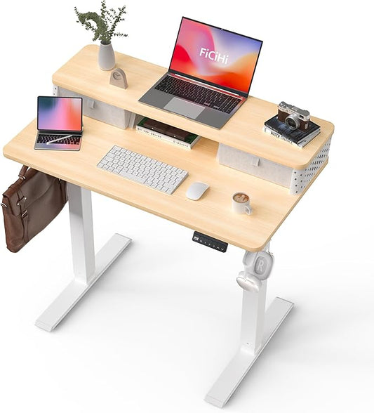 40x24 Inch Standing Desk with Double Drawers, C-Clamp Mount Compatible, Electric Adjustable Height Computer Stand Up Desks, Home Office Sit Stand Table with 3 Preset Heights & 2 Hooks, Natural