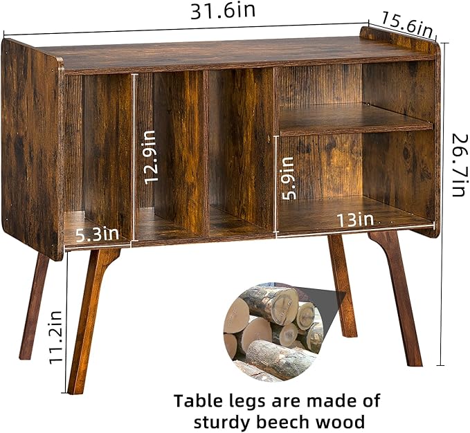 Lerliuo Record Player Stand with 4 Cabinet Holds Up to 220 Albums, Large Turntable Stand with Beech Wood Legs, Mid-Century Record Player Table,Brown Vinyl Holder Storage Shelf for Bedroom Living Room