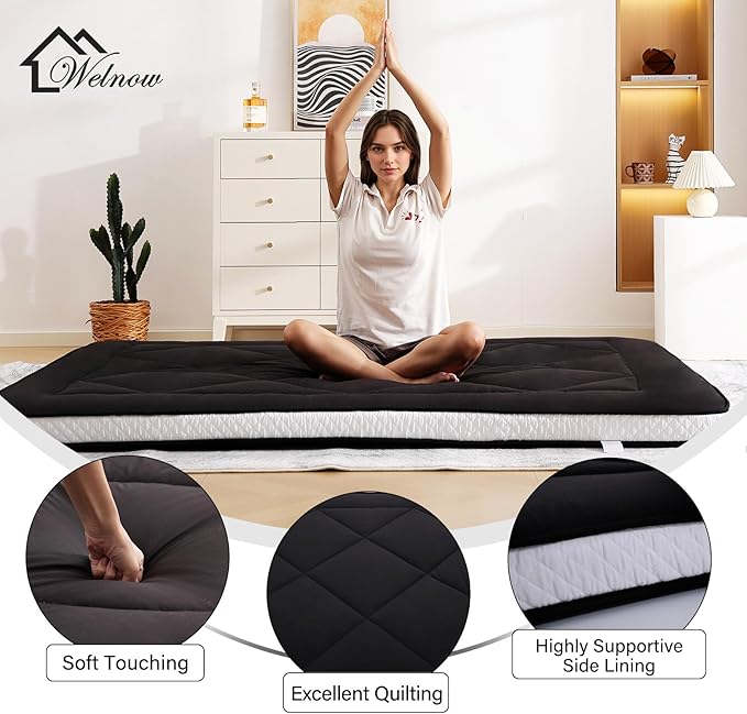 Welnow Japanese Futon Floor Mattress, Thick Queen Size Tatami Mat Portable & Foldable Roll Up Floor Bed Mattress with Storage Bag, Sleeping Pad for Adults, Dorm, Guest Bed, Camping and Travel, Black