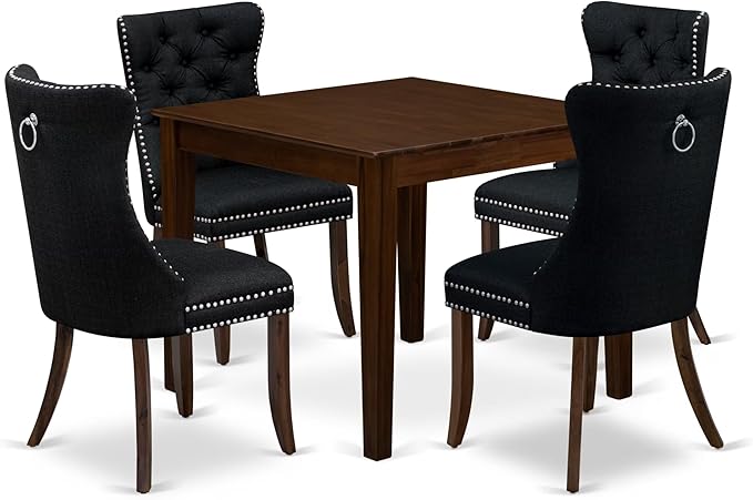 East West Furniture OXDA5-AWA-24 5 Piece Dining Table Set Consists of a Square Modern Kitchen Table and 4 Polyester Fabric Upholstered Parson Chairs, 36x36 Inch, Antique Walnut