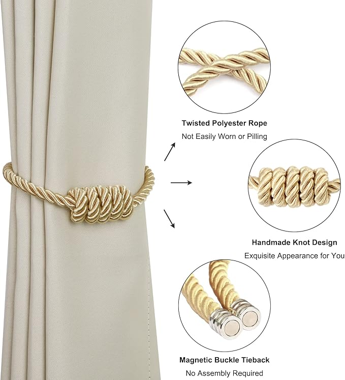 BEL AVENIR Magnetic Curtain Tiebacks, Decorative Drapery Holdbacks Modern Woven Tie-Backs with Exquisite Knot (Gold, 2 Pack)