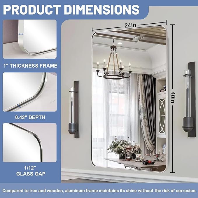 Brushed Nickel Bathroom Mirror, 24x40 Rounded Rectangle Mirror Modern Bathroom Vanity Mirror with Rustproof Alloy Aluminum Frame, Wall Mounted Vertically/Horizontally