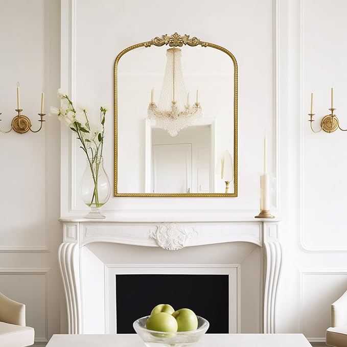 WallBeyond Gold Vintage Mirror - 24x32 Inch, Arched Antique Mirror with Ornate Frame for Bathroom, Living Room, Fireplace, Entryway