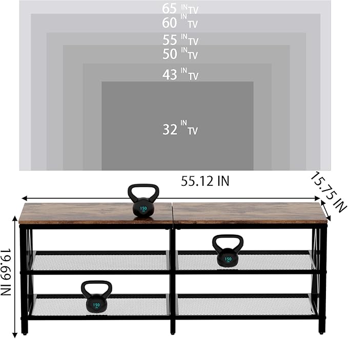 TV Stand for TVs up to 65 Inch, 55" Long Industrial TV Console Table with 3-Tier Storage Shelves, Entertainment Center for Living Room, Bedroom (Rustic Brown)