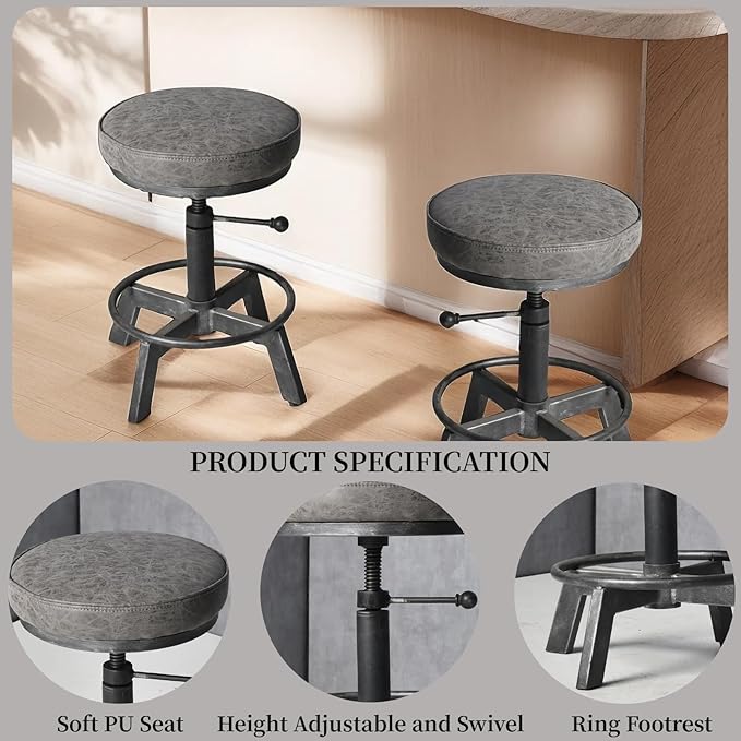 Vintage Short Bar Stools Swivel PU Seat 15-21inch Height Adjustable Extra Guest Chair Kitchen Island Counter Stool(Set of 2)