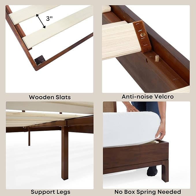 Bme Nipe Full 14 Inch Bohemian Bed Frame with Adjustable Wicker Headboard - Rustic & Vintage Unique Style with Acacia Wood - No Box Spring Needed - Easy Assembly - Walnut