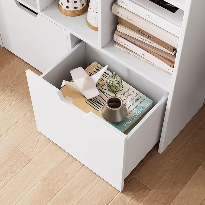 GarveeHome 55 Inches Tall Bookcase with 2 Drawers, Open Storage Bookshelf with 4 Tier Adjustable Shelves, Large Open Book Cabinet Standing for Home Office, White
