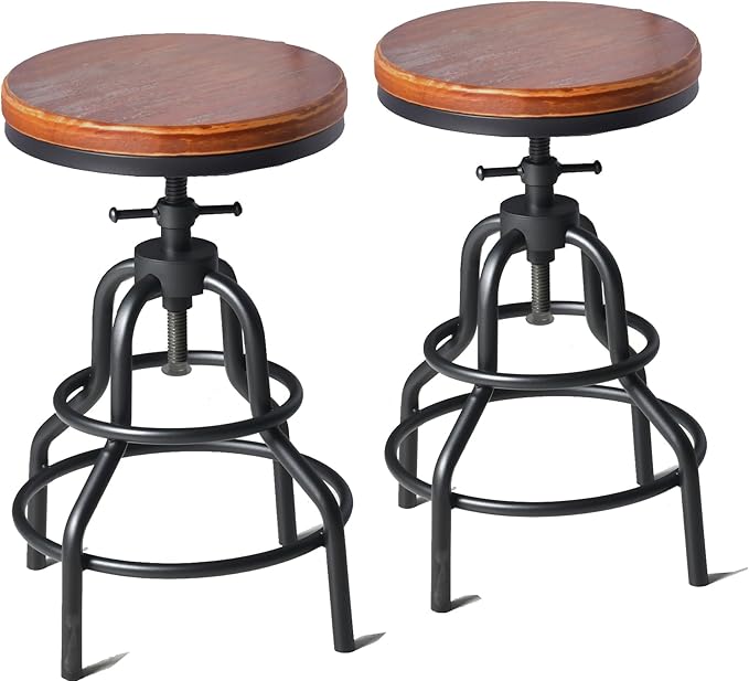 Diwhy Industrial Vintage Counter Stool, Kitchen Counter Height Adjustable Swivel Chair, Metal Frame Stool, 20.47-26.77 Inch, Fully Welded Base, Set of 2
