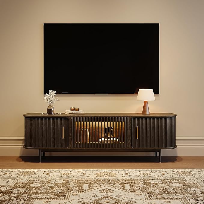 POVISON Sliding Tambour Door TV Stand with LED Lights, Mid Century Modern TV Console, Wood Media Console, Entertainment Center with Storage Cabinet, Fully-Assembled (Black, 70.87")