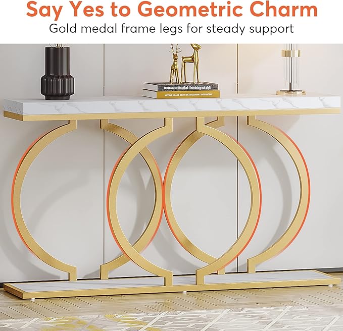 LITTLE TREE 55 inch Faux Marble Gold Console Table Modern Entryway Table Narrow Long Sofa Table Accent Table for Living Room, White and Gold
