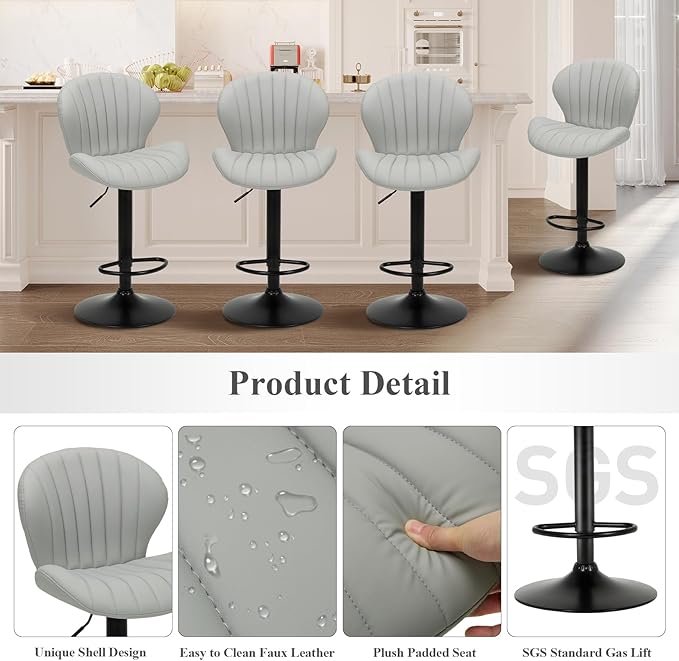 COLAMY Bar Stools Set of 4, Modern Swivel Bar Chairs, Adjustable Faux Leather Upholstered Barstools Counter Height with High Backrest for Bar, Kitchen Island, Dining Room, Grey