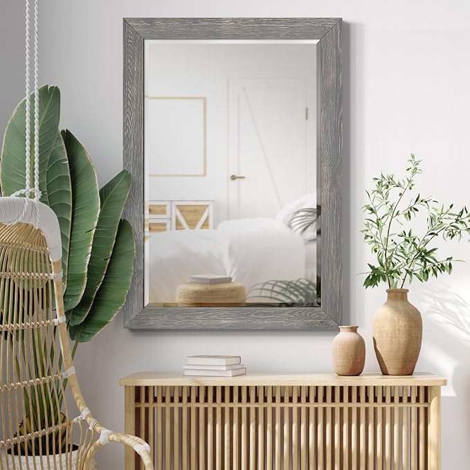 Gray Rustic Mirror Rectangular Barnwood Framed Wall Mirror for Home Decor, Vertical or Horizontal Hanging, 41x29