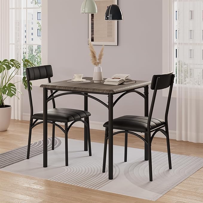GarveeHome Dining Table Set for 2, Kitchen Table with 2 Upholstered Chairs, Wood Square Dining Table and Chairs Set for Small Space, Apartment, Dinner, Rustic Gray