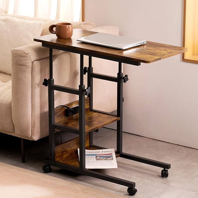 C Shaped End Table Height Adjustable - Couch Side Table with Charging Station, TV Tray with Wheels Slide Under Sofa for Small Spaces, Living Room Bedroom, Rustic Brown