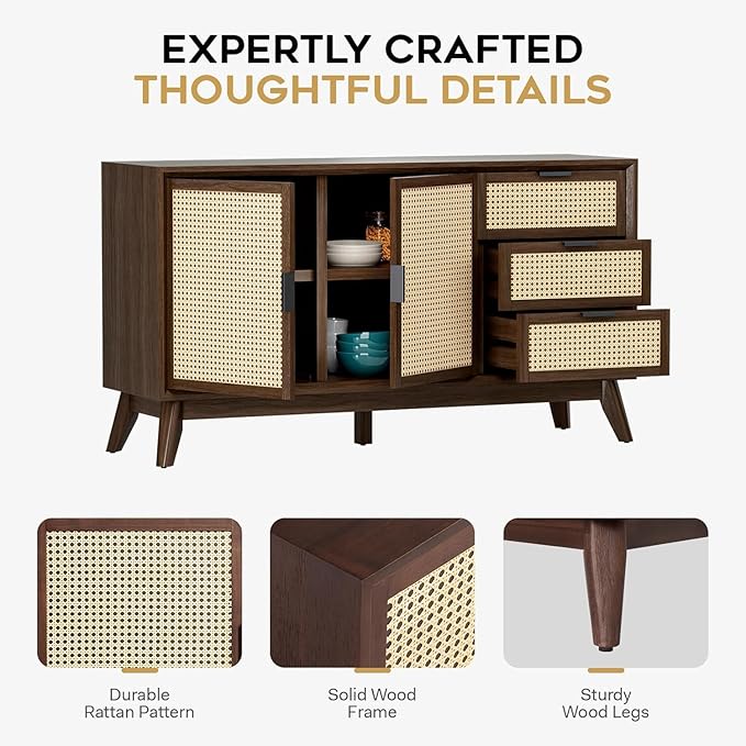 Bme Rattan Pre-Assembled Buffet Sideboard with 3 Drawers & 2 Doors, 58" Accent Console Table Living Room, Kitchen, Dining, Walnut, Jasper Storage Cabinet