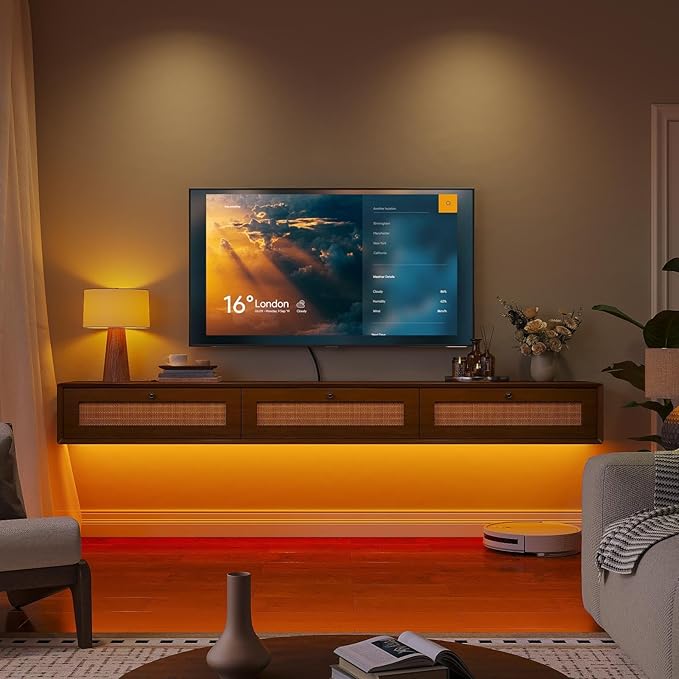 Fully-Assembled Floating TV Stand with 3 Rattan Doors, Rustic Floating Entertainment Center Under TV Shelf, Modern Large Storage Wall Mounted Media Console for Living Room Bedroom 70IN
