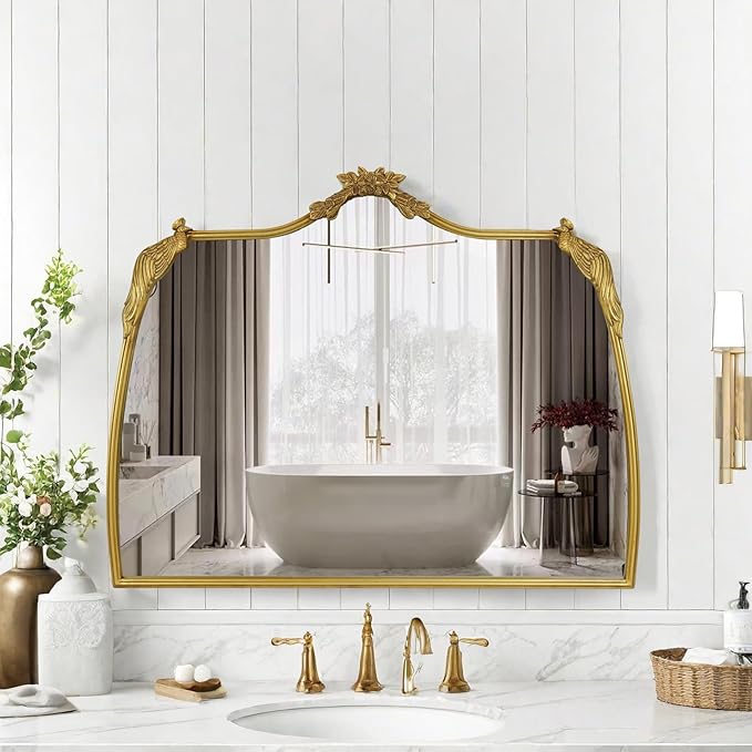 Baroque Mirror with Gold Vintage Decoration, Antique Brass Wall Mounted Mirror for Fireplace/Living Room/Hallway/Bathroom, Retro Palace Style for Decoration