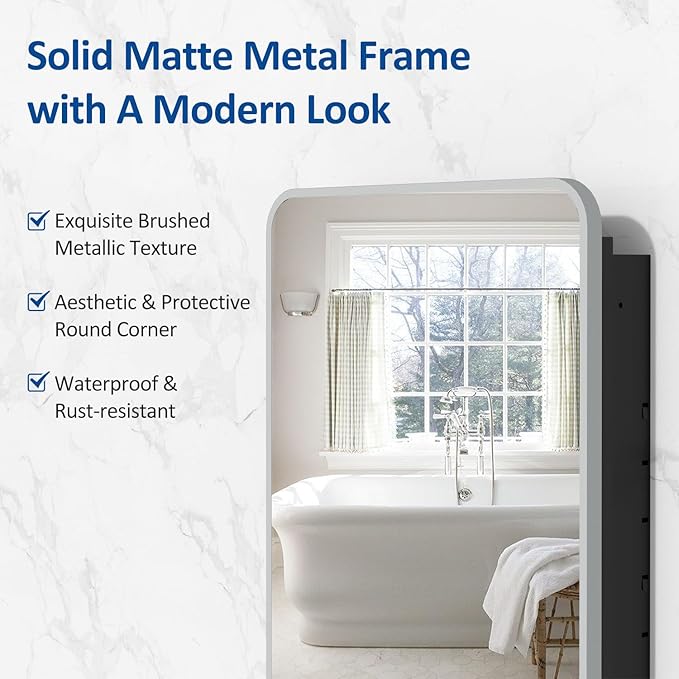 20x28 Inch Brushed Silver Recessed Medicine Cabinet with Mirror Metal Framed Surface Wall Mounted Bathroom Medicine Cabinet Mirror with Storage