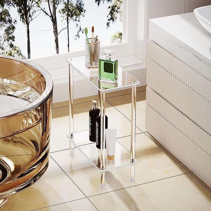 Clear Acrylic Narrow Side Table for Small Spaces, 15.75" L x 7.87" W x 19.82" H, 2 Tier Rectangle Slim End Table Nightstand, Small Skinny Bedside Table for Bedroom, Bathroom, Living Room