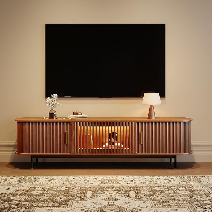 POVISON Sliding Tambour Door TV Stand with LED Lights, Mid Century Modern TV Console, Wood Media Console, Entertainment Center with Storage Cabinet, Fully-Assembled (Walnut, 78.74")